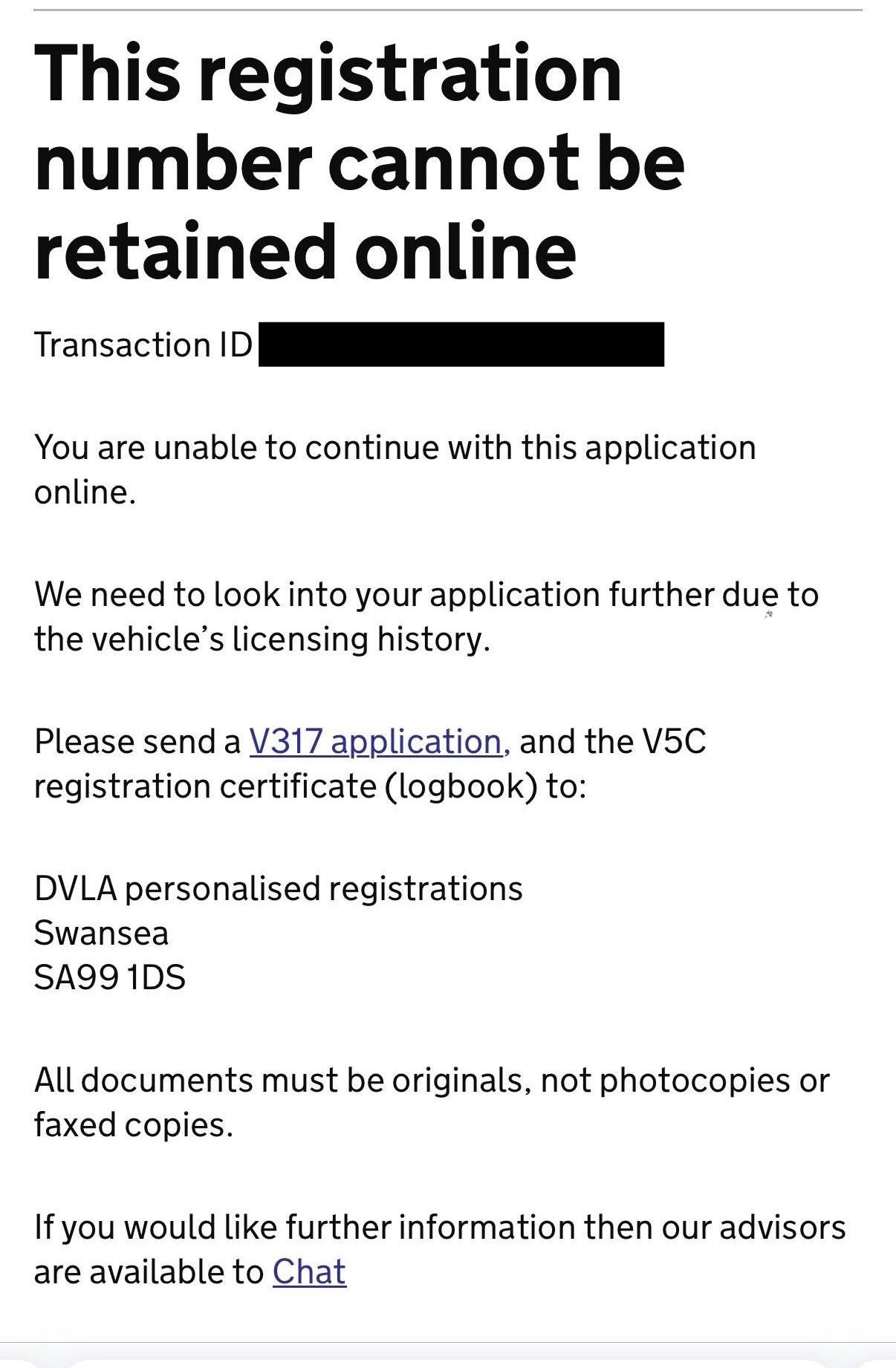'This registration number cannot be assigned / retained online' Fix